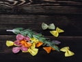 Dried colorful Italian pasta farfalle or bows with rosemary Royalty Free Stock Photo