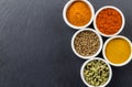 Dried colourful spices in small white bowls isolated on black slate background with copy space Royalty Free Stock Photo