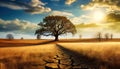 dried cracked soil with tree at sunset Royalty Free Stock Photo