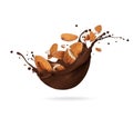 Dried crushed almonds in chocolate splashes isolated on white background Royalty Free Stock Photo