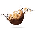 Dried crushed walnuts in chocolate splashes isolated on white background Royalty Free Stock Photo