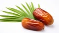 Dried Date palm fruits with green leaf isolate on white background. AI Generative Royalty Free Stock Photo