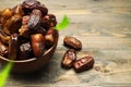 Dried dates fruit for iftar on Ramadan in the bowl