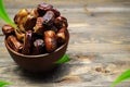 Dried dates fruit for iftar on Ramadan in the bowl