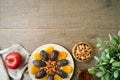 Dried dates, fruits and nuts for Jewish holiday Tu Bishvat celebration. Top view background Royalty Free Stock Photo