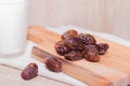 Dried dates, milk on fabric background. concept. Dates wooden board. Vegetarian food. Copy space.