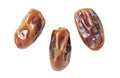 Dried dates, three pieces, isolated on white background with clipping path, element of packaging design Royalty Free Stock Photo
