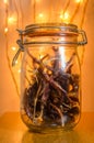 Dried de arbol chiles or chillies in glass storage jar in front of fairy lights with shallow depth of field