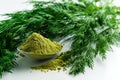 Dried dill weed with fresh dill weed on white, dry powder dill super food Royalty Free Stock Photo