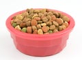 Dried dog food in a pink bowl