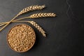Dried ears of wheat and grains in bowl on black table. Space for text Royalty Free Stock Photo