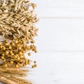 Dried ears of wheat, oats and other grains lie on a white background wood Royalty Free Stock Photo