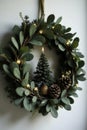 Dried eucalyptus wreath with small pinecone tree ornament and tea light, holiday, pinecones, evergreen Royalty Free Stock Photo