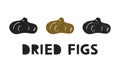 Dried figs, silhouette icons set with lettering. Imitation of stamp, print with scuffs. Simple black shape and color vector