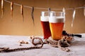 Dried fish and beer on the table Royalty Free Stock Photo