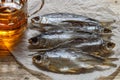 Dried fish and beer on the table. Traditional Russian appetizer Royalty Free Stock Photo