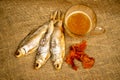 Dried fish, dried caviar and a beer mug on a homespun cloth with a rough texture. Close up