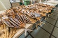 Dried fish on display on a market