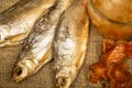 Dried fish, dried caviar and a beer mug on a homespun cloth with a rough texture. Close up