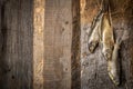 Dried fish on old boards. Food background Royalty Free Stock Photo