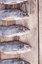 Dried fish on the old wood Board vertical background Royalty Free Stock Photo