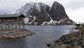 Dried fish rack from Sakrisoy island at the Reinefjorden on the Lofoten in Norway in winter