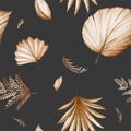 Dried floral seamless pattern of brown and peach watercolor flowers arrangements on dark background for fashion, print, textile,