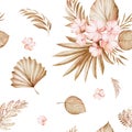 Dried floral seamless pattern of brown and peach watercolor flowers arrangements on white background for fashion, print, textile,