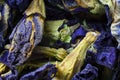 Dried flowers of Butterfly pea or Clitoria ternatea close up, Top view. Bright florets from Asia for making blue tea. Classoc blue Royalty Free Stock Photo