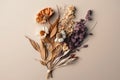 Dried flowers minimalist bouquet flat lay on light background. AI generated image