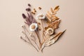 Dried flowers minimalist bouquet flat lay on light background. AI generated image