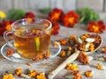 Dried flowers of red flowers of calendula with a cup of medicinal tea on a wooden background.Herbal picking season Royalty Free Stock Photo
