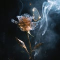 Dried flowers and smoke on a black background. glass rose smokes and a glitter butterfly sits on it, shining. Ai Royalty Free Stock Photo