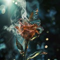 Dried flowers and smoke on a black background. glass rose smokes and a glitter butterfly sits on it, shining. Ai Royalty Free Stock Photo