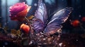 Dried flowers and smoke on a black background. glass rose smokes and a glitter butterfly sits on it, shining. Ai Royalty Free Stock Photo
