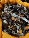 Dried forest mushrooms in a yellow bag