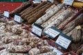 Dried French sausages on french market stall,provence France