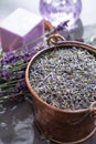 Dried and fresh lavender flowers, ingredients for aroma spa treathment and bodycare for women Royalty Free Stock Photo