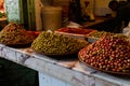 Dried fruit and nuts on market stall at the bazaar in Marrakesh, Morocco Royalty Free Stock Photo