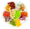 Dried fruit in sectioned plate, top view, isolated