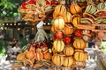 Dried fruit, spices, scenting decorations and street cafe as background. Travel in Europe