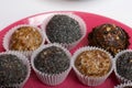 Dried fruit sweets. Balls of prunes, dates and coconut. With a sprinkle of black sesame powder Royalty Free Stock Photo