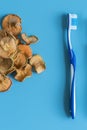 Dried fruits are an alternative to the toothbrush. Oral hygiene. Teeth care. Alternative medicine. vertical photo Royalty Free Stock Photo