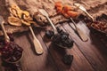 Dried fruits arranged on a spoon, fabric Royalty Free Stock Photo