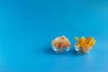 Dried fruits in assortment in glass cups on a blue background. The concept of a healthy lifestyle