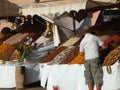 Dried fruits benches on the street to Marakkech in Maroc.