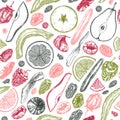 Dried fruits and berries seamless pattern. Hand drawn dehydrated fruits background with dried mango, melon, fig, apricot, banana, Royalty Free Stock Photo