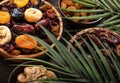 Dried fruits bowl. Healthy food snack: sun dried organic mix of apricots, figs, raisins, dates and other on wooden table, top view Royalty Free Stock Photo