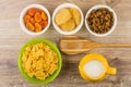 Dried fruits in bowls. Corn flakes and milk Royalty Free Stock Photo