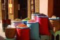 Dried fruits in colorful bags on bazaar in Marrakech, Morocco